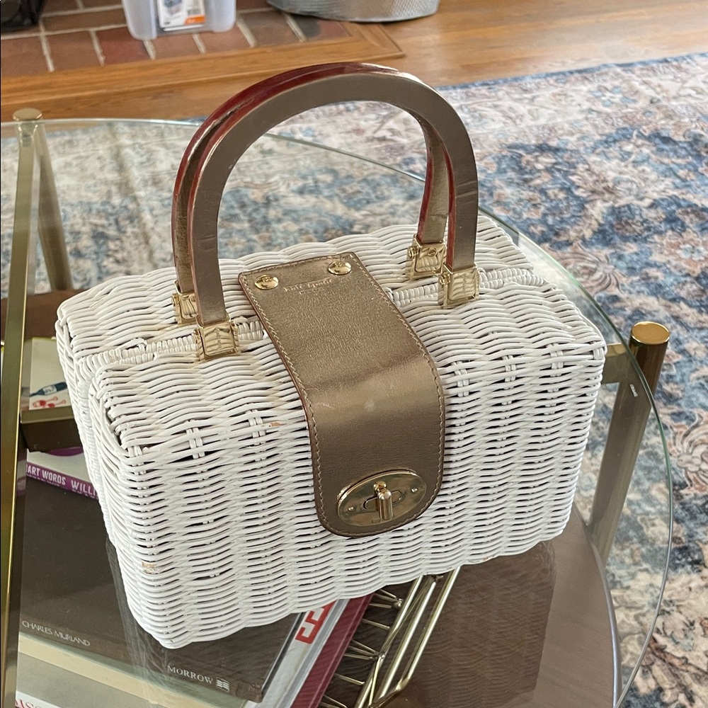 Kate Spade White Wicker Handbag with Gold Accents